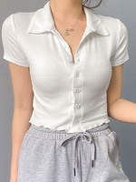 Chemise blanche pour femmes col rabattu manches courtes en polyester hauts dété
