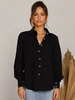 Chemise dété pour femme Chemise décontractée à manches longues en polyester noir à col rabattu