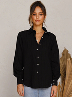 Chemise dété pour femme Chemise décontractée à manches longues en polyester noir à col rabattu