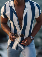 Chemise Décontractée Col Rabattu Bleu Rayon Imprimé Chic Manches Courtes