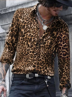 Chemise Décontractée Col Rabattu Simple Imprimé Léopard Café Marron