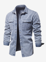 Chemise Décontractée Manches Longues Hommes Couleur Unie Coupe Cintrée En Denim