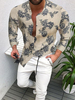Chemise décontractée pour homme à col bijou; chemises homme chics imprimées marron clair