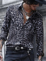 Chemise décontractée pour hommes à col rabattu Chemises décontractées à imprimé léopard noir