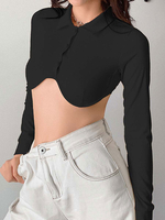 Chemise femme jaune col rabattu manches longues boutons en polyester hauts sexy