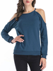 Chemise femme manches longues bleu découpé épaule ouverte col bijou coton haut femme