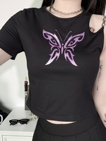 Chemise gothique noire pour femme; col bijou; manches courtes; haut en coton imprimé papillon