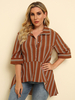 Chemise grande taille pour femme à rayures marron; col rabattu; demi-manches; boutons; chemise décontractée