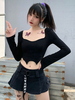 Chemise noire à manches longues et col en U pour femmes; haut gothique en coton appliqué