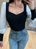 Chemise noire pour femmes à col carré et manches longues en coton