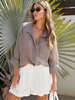 Chemise Pour Femme Blanc Oversize Plissée Col Rabattu Décontracté Manches Longues Tops