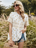 Chemise pour femme blanche à imprimé floral plissé à lacets à col bijou décontracté à manches courtes en polyester