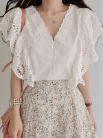 chemise pour femme blanche col en V décontracté manches courtes en polyester