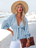 Chemise Pour Femme Bleu Ciel Clair Col En V Décontracté À Lacets Plissée Manches Longues Tops