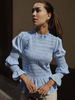 Chemise pour femme bleu ciel clair en polyester à col bijou décontractée à carreaux plissée manches longues