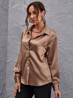 Chemise Pour Femme Café Marron Polyester Col Rabattu Stretch Boutons Décontractés Manches Longues Chemise Dété