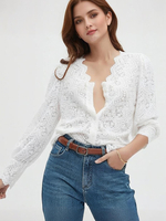 Chemise pour femme en dentelle noire col en V chic manches longues hauts en dentelle 2025