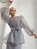 Chemise Pour Femme Gris Stretch Plissé À Lacets Col En V Décontracté Manches Longues Tulle Tops