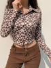 Chemise Pour Femme Kaki Polyester Col Rabattu Stretch Décontracté Boutons À Pois À Manches Longues Blouse