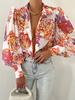 Chemise Pour Femme Marron Foncé Polyester Col Rabattu Classique Imprimé Boutons Manches Longues Tops
