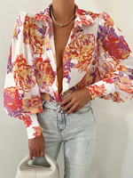 Chemise Pour Femme Marron Foncé Polyester Col Rabattu Classique Imprimé Boutons Manches Longues Tops