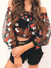 Chemise pour femme motif imprimé floral noir épaule ouverte brodée plissée col bateau décontracté manches longues hauts en polyester