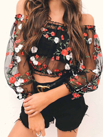 Chemise pour femme motif imprimé floral noir épaule ouverte brodée plissée col bateau décontracté manches longues hauts en polyester