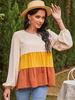 Chemise pour femme orange bloc de couleur plissé volants col bijou décontracté manches longues Polyester t-shirt surdimensionné