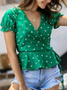 Chemise Pour Femme Vert Col En V Manches Courtes À Pois Plissée Ceinture Volants Tops Cache-Coeur