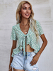 Chemise Pour Femme Vert Menthe Polyester Col V Manches Courtes Stretch Casual Imprimé Floral Chemise Dété À Lacets
