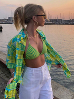 Chemise pour femme vert Polyester col rabattu extensible décontracté motif à carreaux passepoil demi manches chemise dété