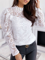 Chemise Pour Femmes Blanc Découpé Jewel Neck Sexy Manches Longues En Dentelle Tops