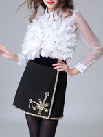 Chemise Pour Femmes Blanc Organza Col Rabattu Sheer Rétro Fleurs Hauts Manches Longues