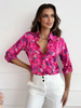 Chemise pour femmes bleu imprimé fleuri col rabattu Chic manches longues Polyester hauts