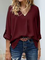 Chemiser Blouse en Mousseline Femme à Col V avec Manches Longues Unicolore Décontracté Blouse Femme