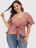 Chemises Grandes Tailles Courts Femme à Col Décolleté en V avec Manches Courtes Volantes Coupe Cintrée à Lacets Bas Evasée Unicolore Vêtement Femme Grande Taille