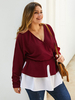 Chemises Grandes Tailles Courts Femme à Col V avec Manches Longues Coupe Cintrée Bicolores Bas Evasée Vêtement Femme Grande Taille