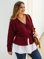 Chemises Grandes Tailles Courts Femme à Col V avec Manches Longues Coupe Cintrée Bicolores Bas Evasée Vêtement Femme Grande Taille