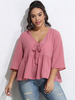 Chemises Grandes Tailles Courts Femme Décontractés à Col Décolleté en V avec Manches Mi-longues Bas Evasée Unicolore Vêtement Femme Grande Taille