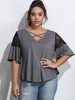 Chemises Grandes Tailles Courts Femme en Dentelle à Col V Croisé avec Manches Courtes Volantes Elastique Bas Evasée Unicolore Vêtement Femme Grande Taille