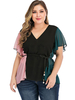 Chemises Grandes Tailles Courts Femme en Mousselines à Col V avec Manches Courtes Volantes Coupe Cintrée à Lacets Bas Evasée Tricolores Vêtement Femme Grande Taille