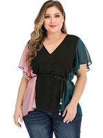 Chemises Grandes Tailles Courts Femme en Mousselines à Col V avec Manches Courtes Volantes Coupe Cintrée à Lacets Bas Evasée Tricolores Vêtement Femme Grande Taille