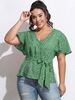 Chemises Grandes Tailles Courts Femme en Mousselines Imprimés à Col V avec Manches Courtes Volantes Coupe Cintrée à Lacets Bas Evasée Bicolores Vêtement Femme Grande Taille