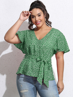 Chemises Grandes Tailles Courts Femme en Mousselines Imprimés à Col V avec Manches Courtes Volantes Coupe Cintrée à Lacets Bas Evasée Bicolores Vêtement Femme Grande Taille