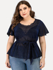Chemises Grandes Tailles Courts Femme en Mousselines Transparent Sexy à Col Rond avec Manches Courtes Volantes Coupe Cintrée à Lacets Bas Evasée Unicolore Vêtement Femme Grande Taille