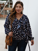 Chemises Grandes Tailles Courts Femme Imprimés en Mousselines à Col V avec Manches Longues Amples avec Volants Bicolores Vêtement Femme Grande Taille