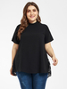 Chemises Grandes Tailles en Mousselines Cousu Dentelles Femme Court à Col Montant avec Manches Courtes Bas Evasée Unicolore Vêtement Femme Grande Taille