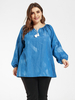Chemises Grandes Tailles Imprimés Femme Court à Col Rond à Lacets avec Manches Longues Amples Bas Evasée Bicolores Vêtement Femme Grande Taille