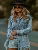 Chemisier à Col Revers en Denim Déchiré avec Manches Longues Fermeture avec Boutons Décors avec Franges avec Poches Chemisier Femmes