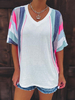 Chemisier blanc pour femme à manches courtes en polyester bloc de couleur surdimensionné passepoil col en cœur t-shirt